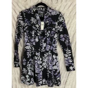 Anthropologie Black and Purple Long Sleeve Floral Patterned Button-Down Dress